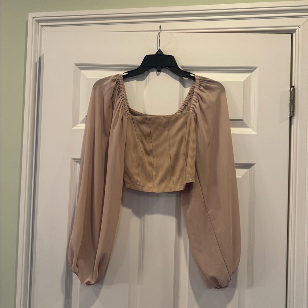 Tan Long-sleeve Crop Top